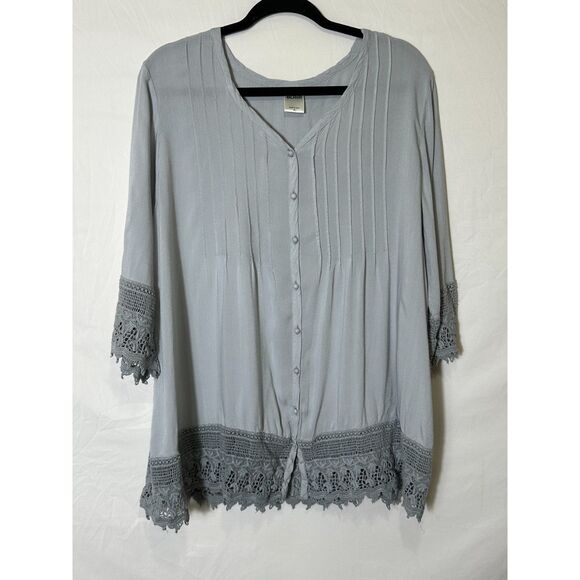 Blair Women's BOHO Button Up Deep V-Neck Pleated Lace Trimmed Tunic Top Size XL - Picture 1 of 4